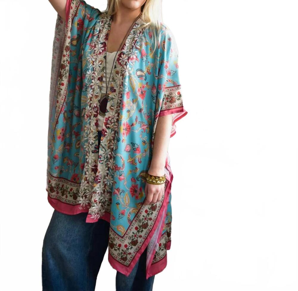 NEW POWELL CRAFT fishbone embroidered kaftan jacket in turquoise/pink